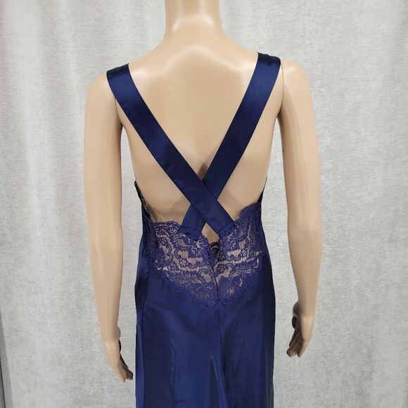Vanity Fair Vintage Blue Satin Maxi Length Slip Dress Open Back Lace Panel Chest - Picture 8 of 13